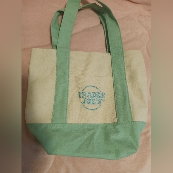 NWOT Trader Joe's Mini Pastel Canvas Tote Bag - Lavender w/Pink Embroidery - Picture 1 of 4